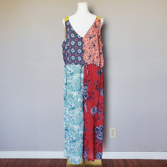 Vintage X Sacred Threads Patchwork Mixed-Print Pull-On Wide Leg Boho Jumpsuit - Picture 1 of 9